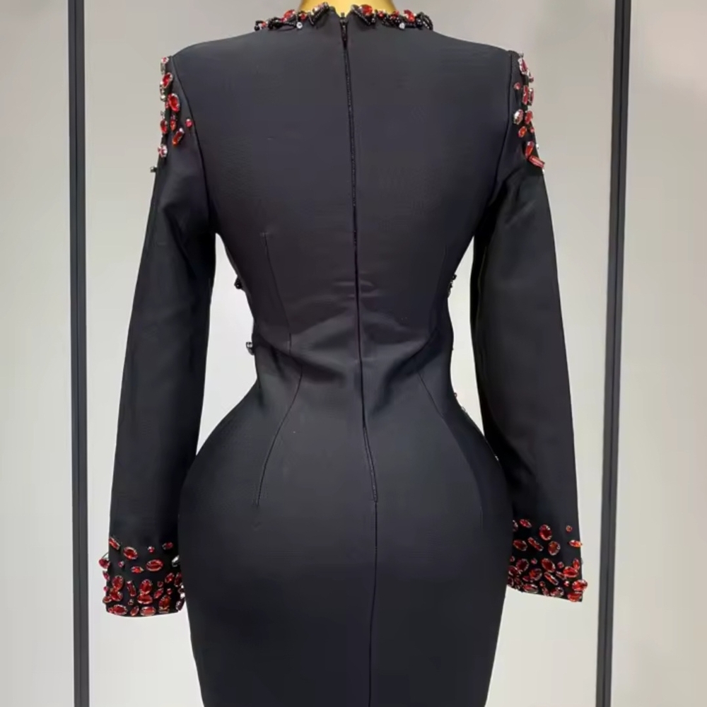 Elegant Black Dress with Red Embellishments - Picture 4 of 6